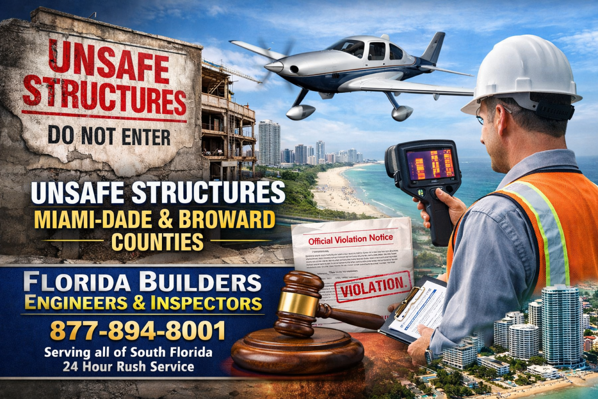 Unsafe structure warning sign with deteriorating building in Miami-Dade, engineer performing infrared thermography inspection, aerial South Florida skyline, and Florida Builders Engineers & Inspectors contact information for 24-hour inspection services